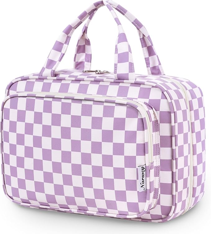 Travel Toiletry Bag for Women Large Hanging Makeup Bag Organizer Toiletries Bag for Full Size Essentials Accessories Cosmetics (Purple Checkerboard (Large))