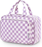 Travel Toiletry Bag for Women Large Hanging Makeup Bag Organizer Toiletries Bag for Full Size Essentials Accessories Cosmetics (Purple Checkerboard (Large))