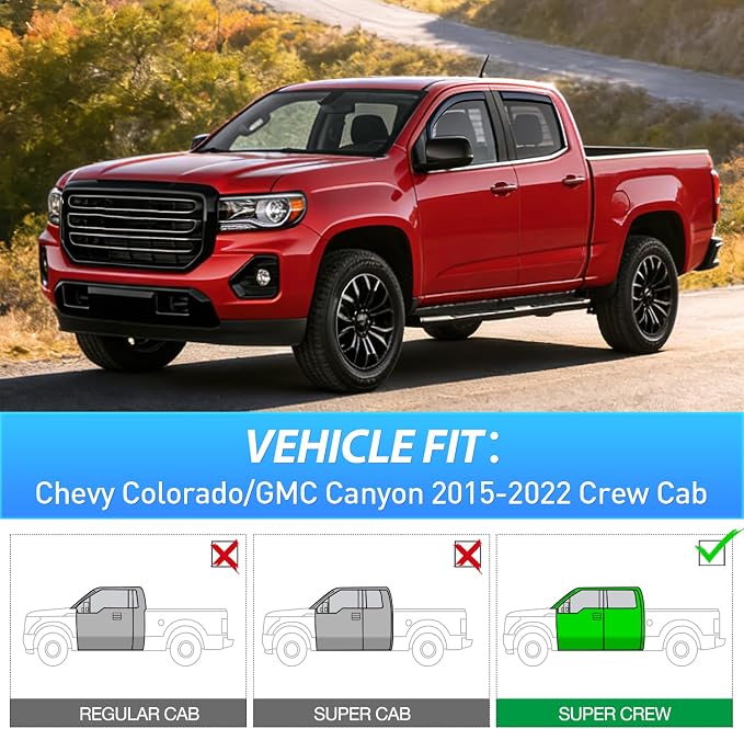 in Channel Window Visors for Chevy Colorado GMC Canyon 2015–2022 Crew Cab, Smoke Rain Guards, Clip-On Installation, Wind Deflectors for Sun Rain Ventilation-4PCS