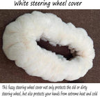 Fluffy Steering Wheel Cover for Women Fuzzy Steering Wheel Cover Winter Warm Faux Wool Plush Car Wheel Cover Furry Steering Wheel Protector Universal Fit 15 Inch (White)