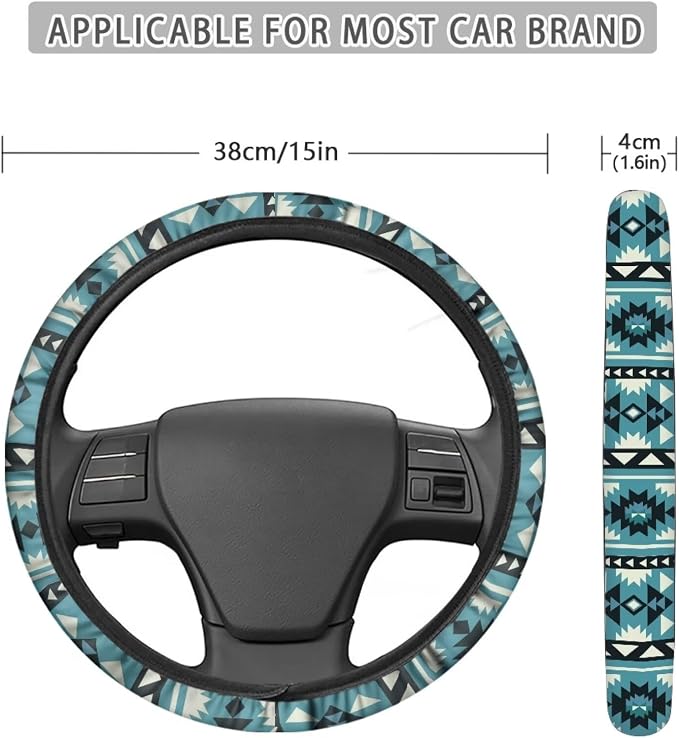 Car Steering Wheel Cover, 15 Inch Soft Breathable Steering Wheel Protector for Women Men, Universal Fit for SUV Sedan Van Truck, Southwest Aztec Blue