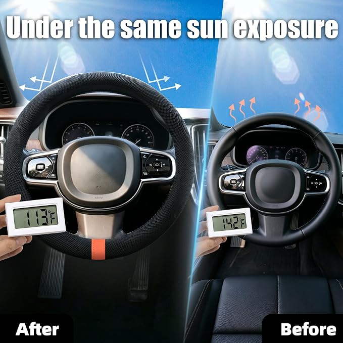 15" Universal Cooling Steering Wheel Cover, Microfiber Non-Slip Breathable Cooling Steering Wheel Protector with Silicone Inner Ring for Round/D Shape, Warm in Winter Cool in Summer, Black Orange