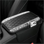 Stacool Upgraded Car Center Console Cover with Rhinestones,Microfiber Leather Car Armrest Cover Cushion with 2 Storage Bags,Universal Cars Armrest Storage Box as Cars Interior Accessories