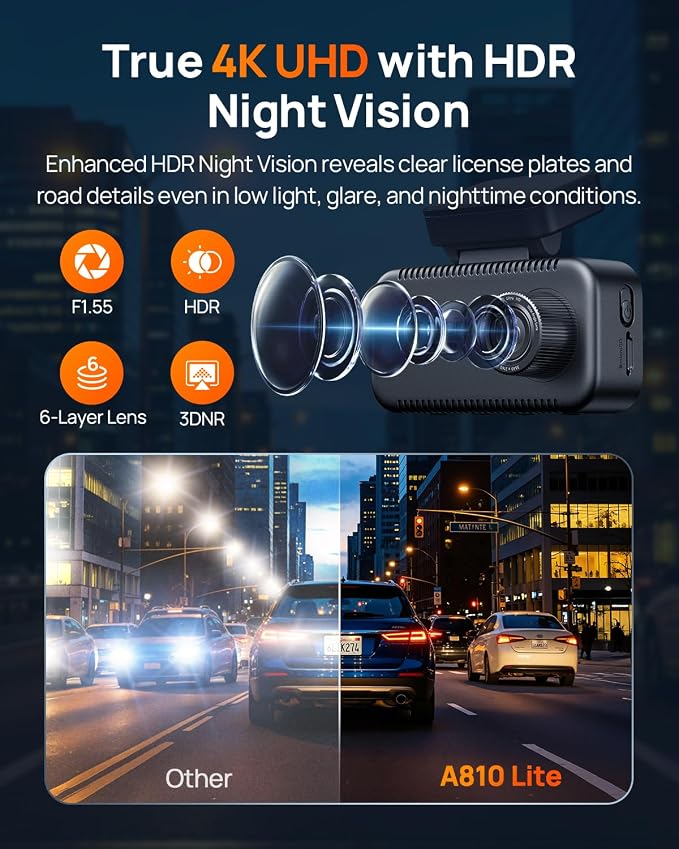 A810 Lite 4K Dash Cam Front and Rear, 5GHz Wi-Fi 6 DashCam, Car Camera 4G LTE Remote Access, GPS Tracking, HDR Night Vision, 24H Parking Mode, Voice Control, Emergency Lock, Loop Recording