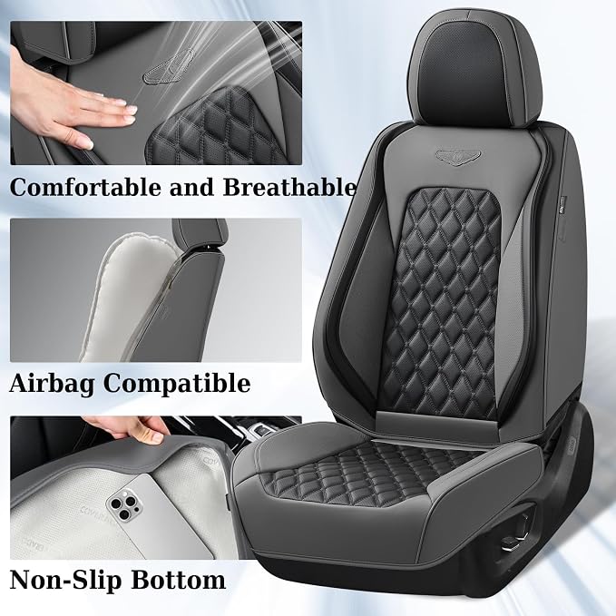 Coverado Car Seat Covers Front Seats, Minimalist Scratch-Resistant Waterproof Faux Leather Full Set with Rear Protectors, Business Daily Driving – GrayBlack