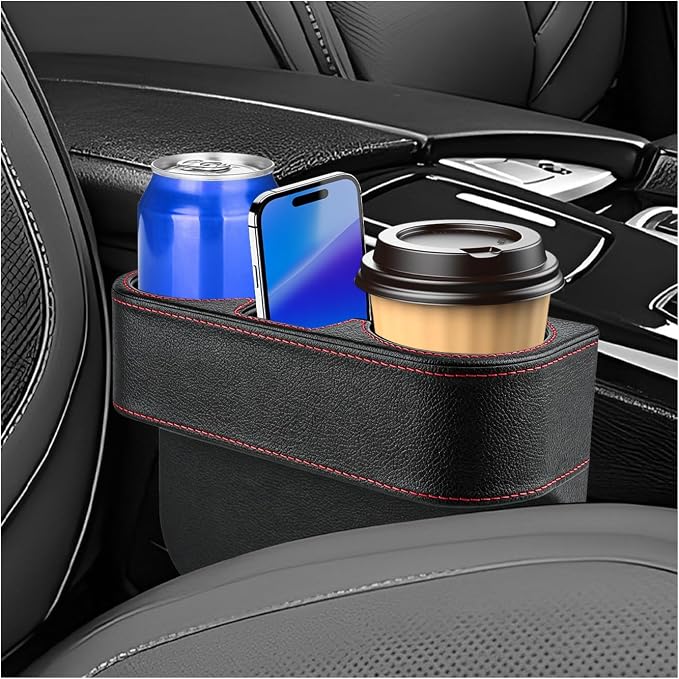 Car Seat Gap Filler Organizer, PU Leather Auto Front Seat Organizer Console Side Filler w/Cup Holder, Multifunctional Bottle Phone Holder Crevice Fillers for Most Car (Black)