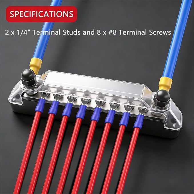150A 12V Bus Bar Marine, 1/4" Power Distribution Block, Battery Buss Bar, Automotive Busbar Terminal Block for Car and Boat, 2 x 1/4" Studs, 8 x #8 Screws Terminals (Black+Red)