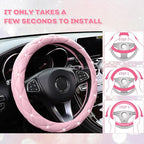 Pink Steering Wheel Cover 2026, Auto Cute Diamond Bling Comfort Leather Girly Car Interior Accessories Protector Sparkly Automotive Decoration for Women Girl Coquette