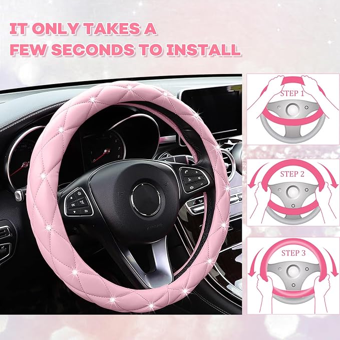 Pink Steering Wheel Cover 2026, Auto Cute Diamond Bling Comfort Leather Girly Car Interior Accessories Protector Sparkly Automotive Decoration for Women Girl Coquette