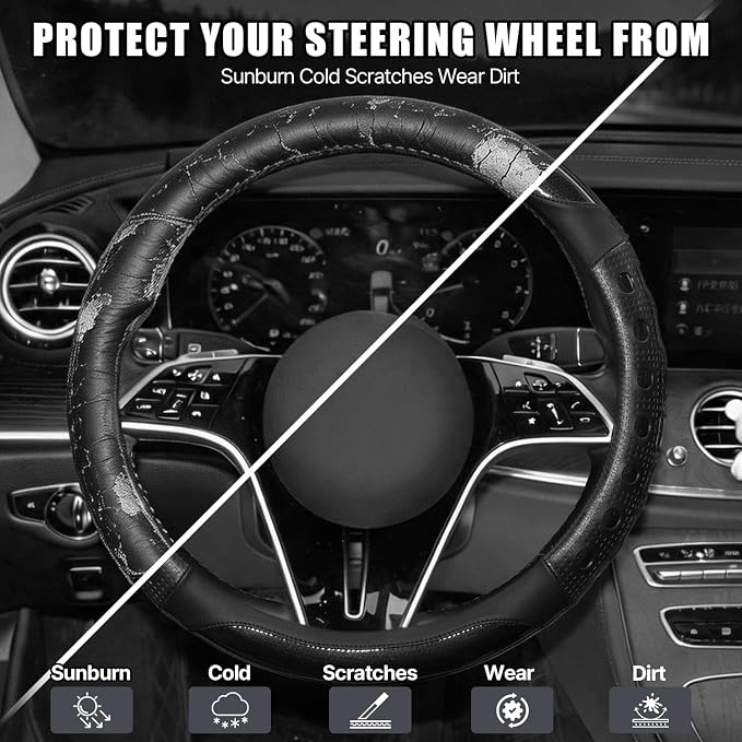 Hiseanllo Car Steering Wheel Cover, 14.5-15 Inch Universal Fit, Sporty Anti-Slip Leather Steering Wheel Protector with Glossy Color Accent, Comfortable Grip for Cars, SUVs, Trucks(Black)