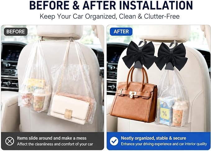 2 Pack Car Purse Holder for Handbags and Bags, Headrest Back Seat Hooks for Cars, Car Bag Hanger for Groceries, Coats, Umbrellas and Daily Essentials, Bow-Shaped Car Interior Organizer (Black silk)