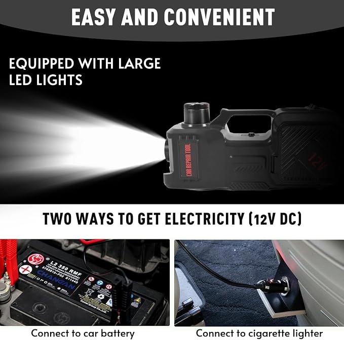 Electric Car Jack Kit 5 Ton 12V Hydraulic Floor Jack with Impact Wrench and Inflatable Pump for SUV Car Emergency Repair Tire Change Kit with LED Light