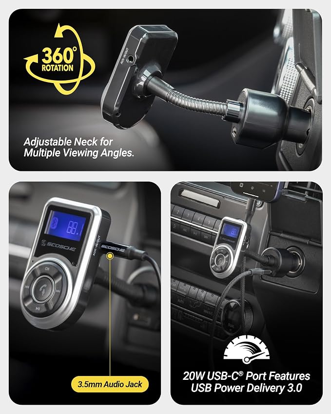 BTFMPD Universal Bluetooth Handsfree Car Kit with FM Transmitter and 18-Watt USB Car Charger, Silver