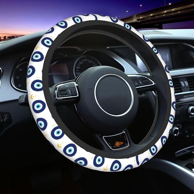 Blue Evil Eyes Magic Moon Steering Wheel Cover Car Accessories Cute for Women Girls Girly Universal 15 Inch Neoprene Auto Interior Decor Anti Slip Car Truck Protector