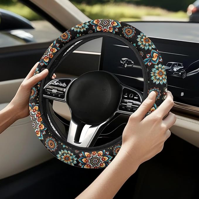 Bohemia Flower Steering Wheel Covers 14-15" inch Universal Fit Most Car Sedans SUVs Comfort Grip Comfortable Handmade Breathable Steering Wheel Protector