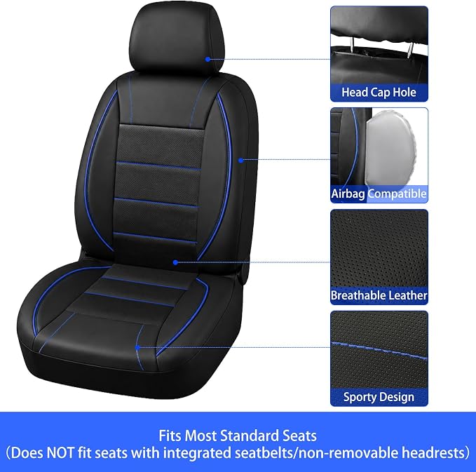14 PCS Leather Car Seat Covers Full Set, 14.5”-15'' Sporty Steering Wheel Cover Universal, Center Console Cover, Seat Belt Cushion, Cup Holder Coaster, Car Interior Set Blue