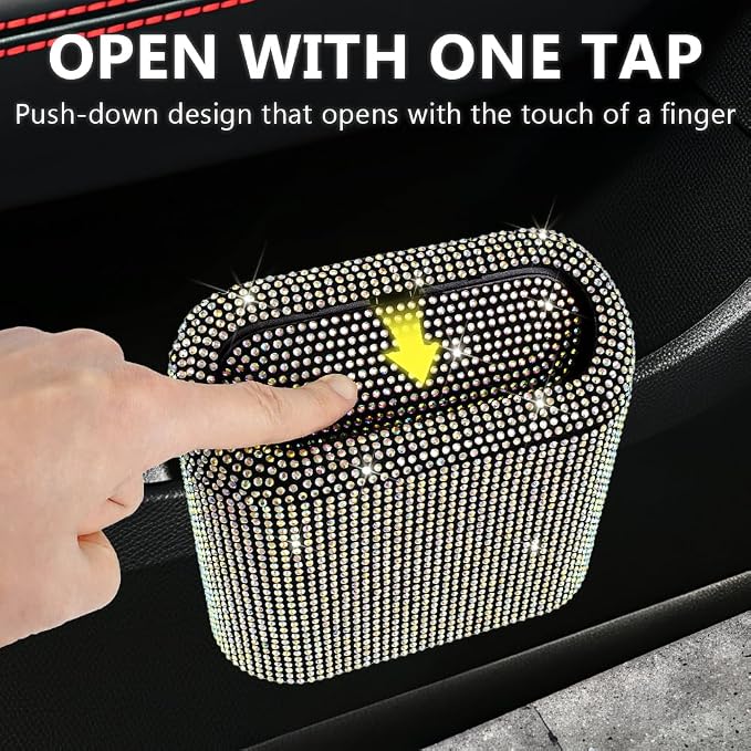 Car Trash Can with Lid, Bling Crystal Mini Vehicle Trash Bin Car Dustbin Garbage Organizer, Automotive Garbage Can Bin Trash Container for Auto Cars, Home, Office - Multicolor …