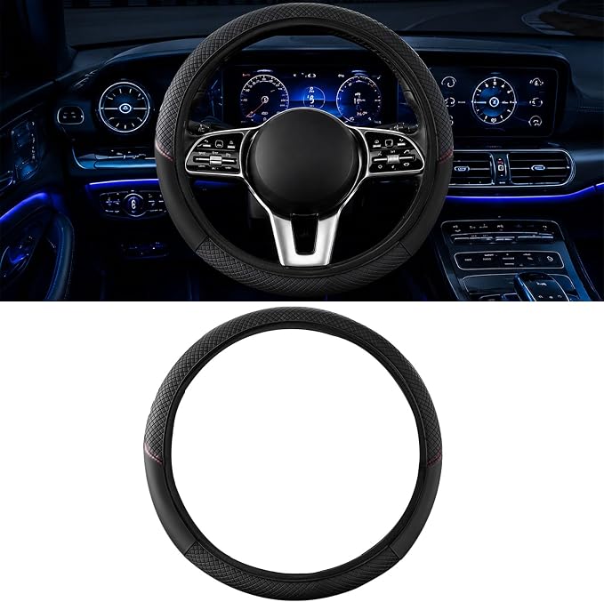 Car Steering Wheel Cover, 15 inch Carbon Fiber Microfiber Anti-Slip Breathable PU Leather Elastic Steering Wheel Protector, Car Interior Accessories for Most Cars (AD-Black)