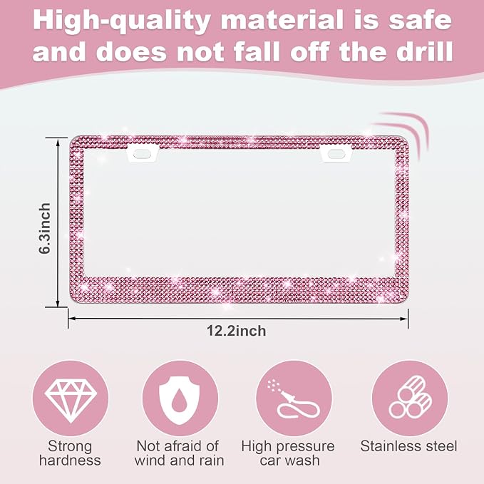 2 Pack Bling License Plate Frames for Women, Sparkly Rhinestone Diamond Car Accessories with Glitter Crystal Caps (Dark Pink)