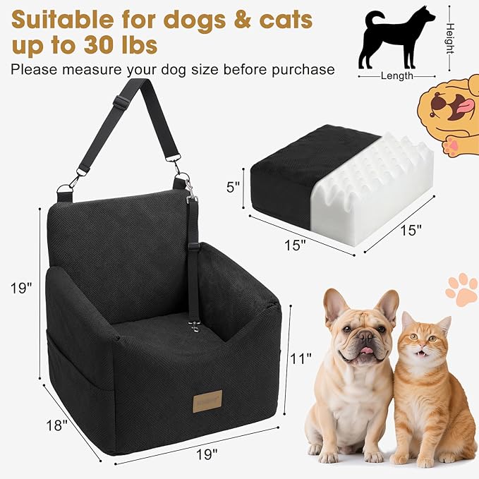 Dog Car Seats for Small Medium Dogs Under 35lbs, Dog Booster Seat with Detachable Washable Cover and Cushion, Memory Foam Pet Car Seat with Safety Belt and Storage Pockets (Black)
