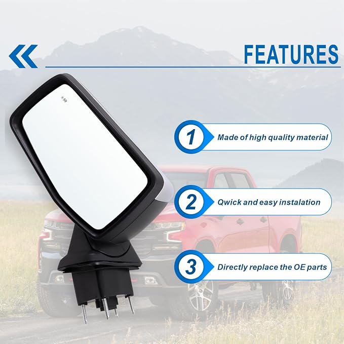 Left Driver Side Mirror Compatible With 2019-2025 Chevy Silverado 1500 With Power Glass Manual Folding Turn Signal Heated Blind Spot Chrome Replace#GM1320680(7Pins)