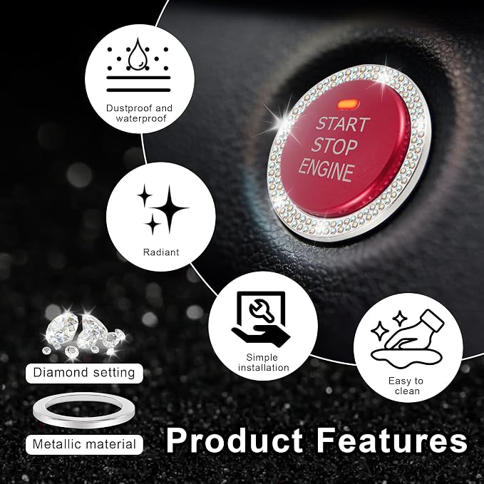 2 PCS Crystal Double Rhinestone Car Engine Start Stop Decoration Ring, Bling Car Interior Accessories for Women, Push to Start Button Cover Sticker, Automotive Decals, Colorful