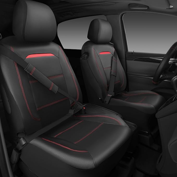 Leather Car Seat Cover Full Set with Steering Wheel Cover and 2PCS Seat Belt Shoulder Pads,for Trucks and SUV with Built-in Seatbelts and Front Seat Side Armrests(Combo Set, Black and Red)