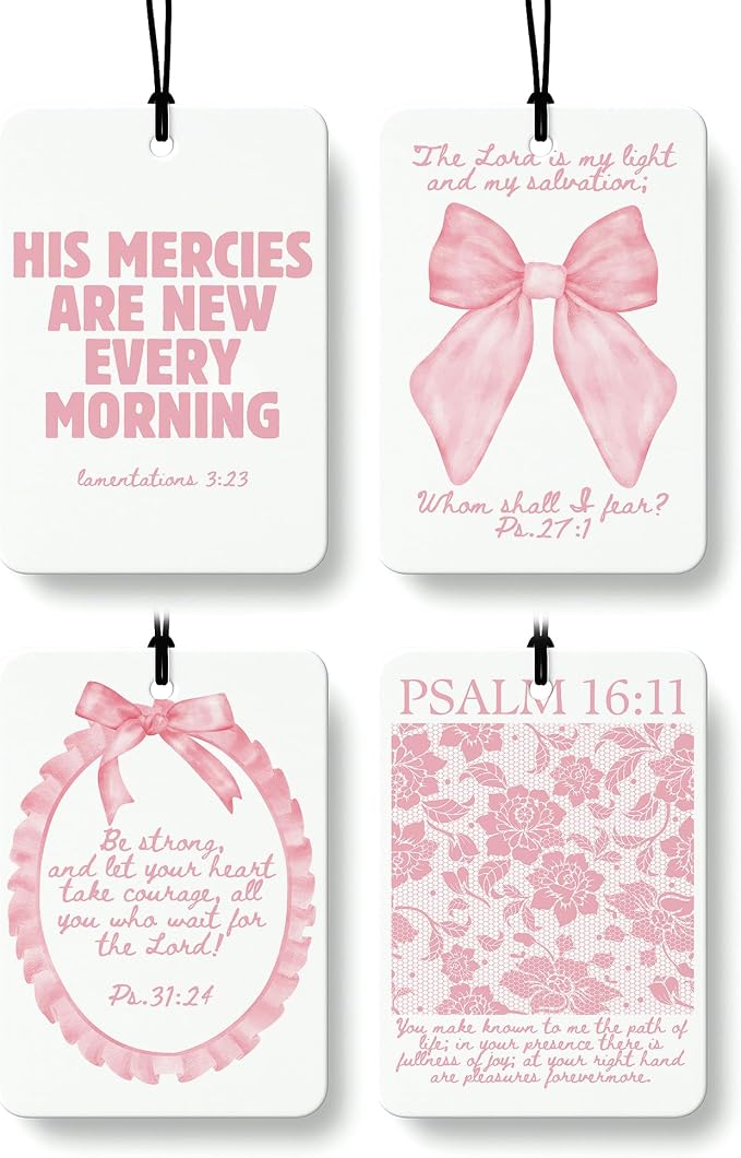 Coquette Pink Christian Car Air Freshener 4 Pcs Coconut Scented, Faith Based Girly Car Accessories Mirror Decor for Women, Religious Floral Hanging Air Freshener for Cars Closet Drawer Books