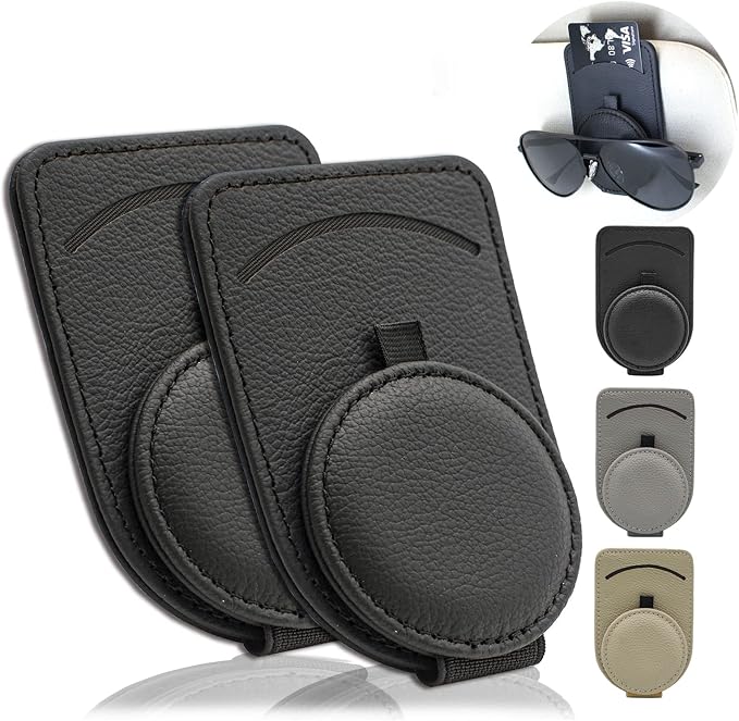Sunglass Holder for Car Visor, Magnet Adsorbed Sunglasses Holder for Car Accessories Parts, Leather Car Sunglass Holder, Car Visor Sunglasses Clip for Glasses Cards (2PCS, Black)
