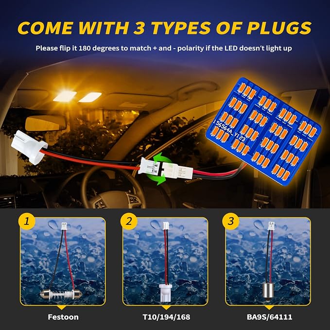 Car Interior LED Lights Accessories with 194 168 T10 / BA9S / DE3175 6418 211-2 578 Festoon Adapters, 48-SMD Panel Lamps for Dome Map Door Trunk Courtesy License Plate Lights (Amber Yellow)