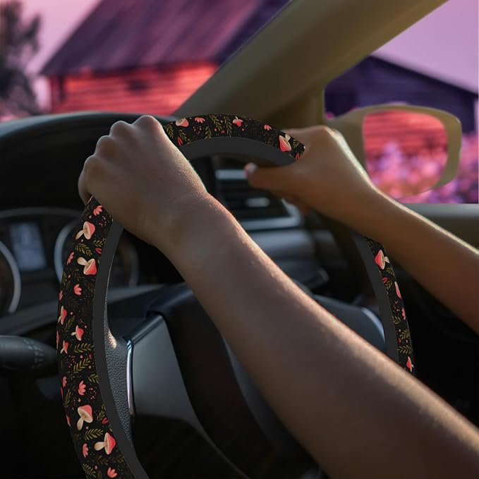 Vintage Mushroom Steering Wheel Cover for Women Men Neoprene Breathable Botanical Floral Wheel Cover Protector Anti-Slip Car Accessories Universal 15 Inch Fit for Cars Trucks Vehicles