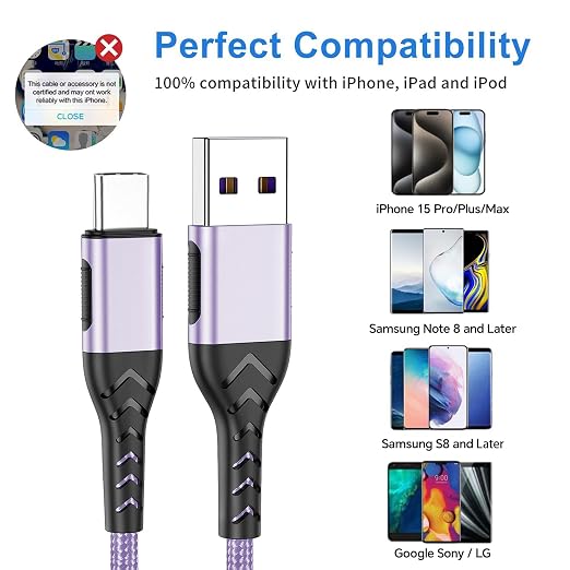USB Type C Cable, 2Pack 3ft USB A to USB C Cable 3 Feet USB Type C Cord Cable for Android Phone Pad Laptop, 10 Foot Type C Charger Premium Nylon Braided USB Cable -Light Purple