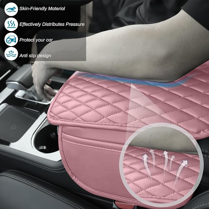 Car Center Console Cover, Upgraded Microfiber Leather Car Arm Rest Cover with 2 Storage Bags Universal Armrest Cover for Car Storage Box Car Interior Accessories Protector for Most Vehicle-Pink