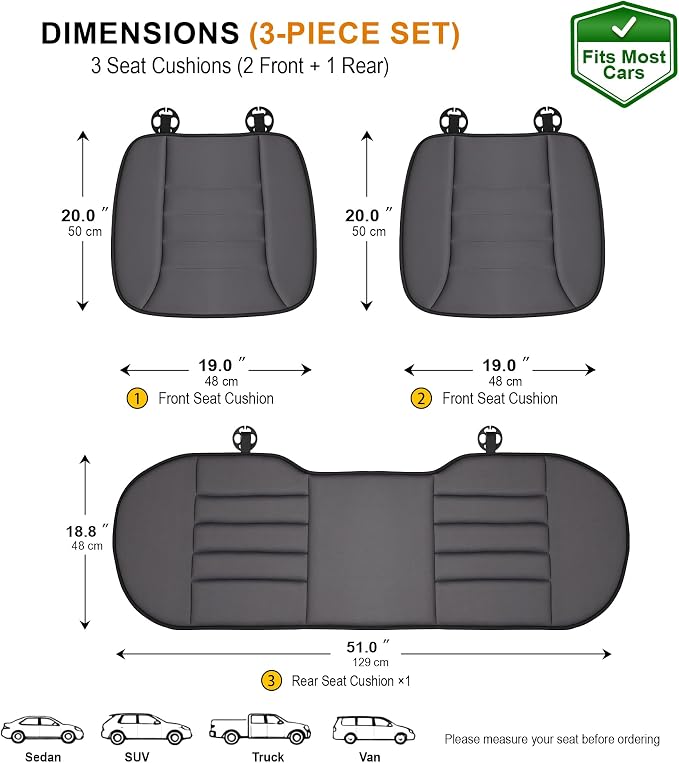 3-Piece Car Seat Cushion Set, 1.2inch Memory Foam Comfort, 2 Front Automotive Seat Cushions + Rear Bench Cushion, Non-Slip Bottom, Fits Sedan SUV Truck Van, Car & Office Chair, Dark Grey