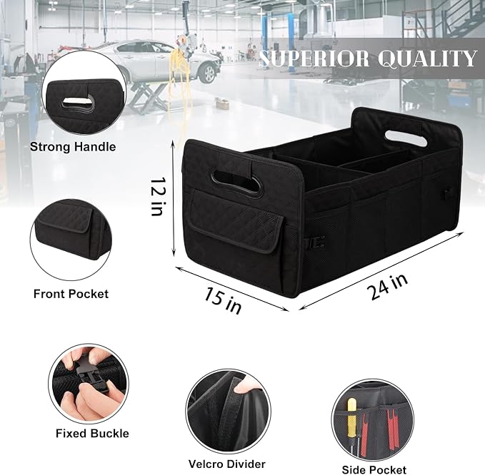Car Trunk Organizer for SUV, Car Storage Organizer Collapsible Multi Compartment Container Box, Adjustable Car Accessories for Women/Men, Large Black