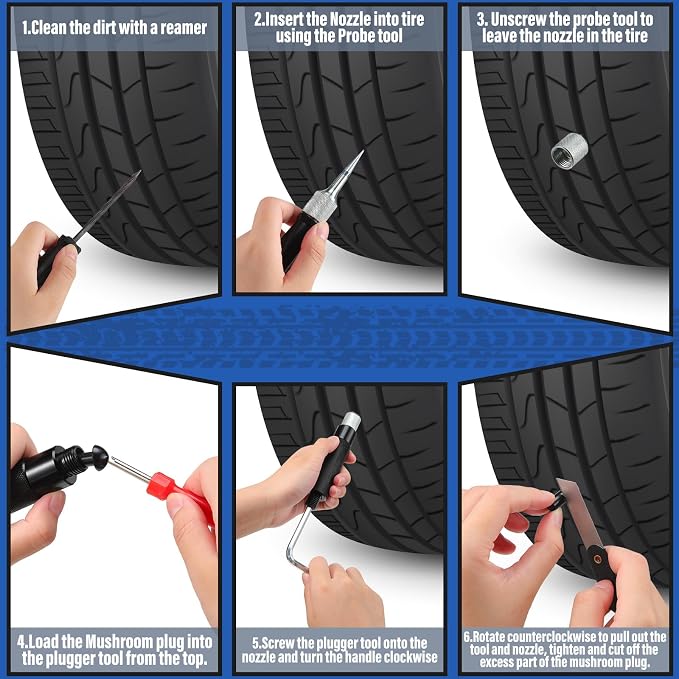 43 Pcs Tire Repair Kit Mushroom Plug Set, Heavy Duty Tubeless Tire Puncture Repair Tool Kit for Cars, Trucks, Motorcycles & ATV, Emergency Roadside Flat Fix Set with Portable Storage Pouch