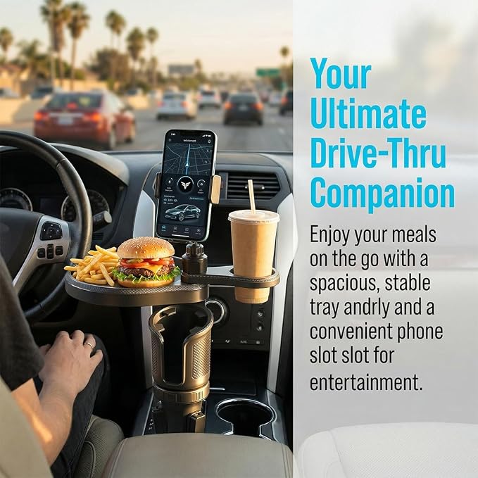 Car Cup Holder Tray, 3 in 1 Multifunctional Vehicle Food Water Bottle Phone Holder Expander Adapter with Adjustable Base, Detachable Auto Interior Food Tray Table, Universal Fit (Black)
