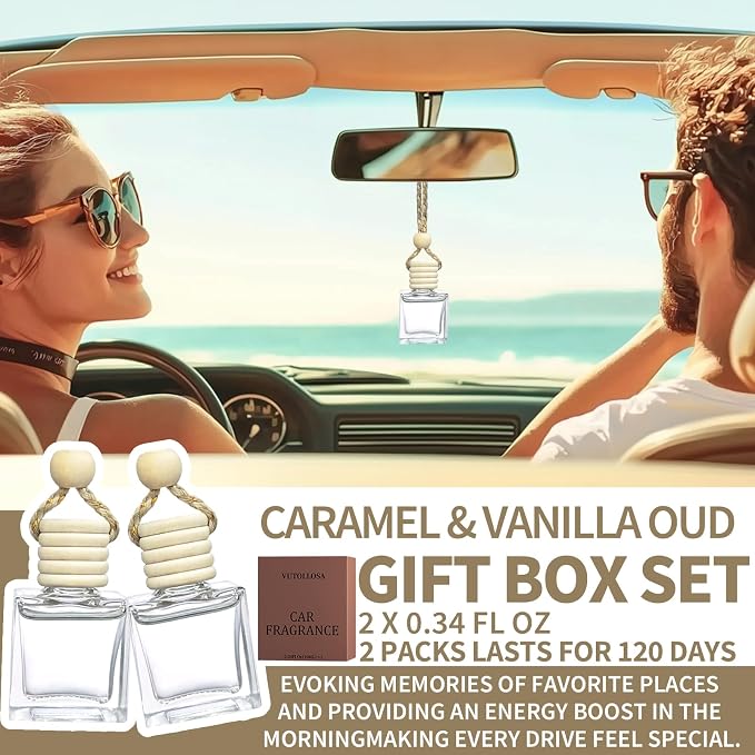 2-Pack Car Fresheners Long Lasting & Car Deodorizer - Caramel & Vanilla Oud Hanging Car Air Freshener for Men and Women, Car Necessities & Scent Diffuser by