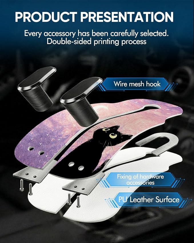 Purse Holder for Car, 2 Pack Heavy Duty Purse Hanger for Car, PU Leather Car Seat Hooks for Purses and Bags, Cute Pink Starry Sky Cat Headrest Organizer for Handbags & Backpacks