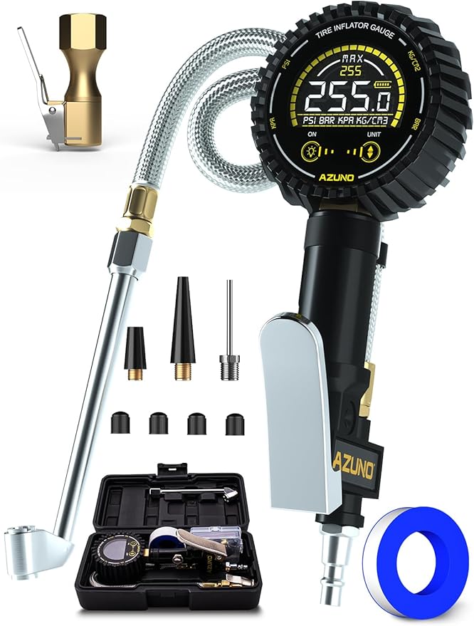 Digital Tire Inflator Gauge 255 PSI, Heavy Duty Tire Pressure Gauge with Air Chuck, Steel Braided Hose, Quick Connect Coupler & Case for Truck RV Trailer