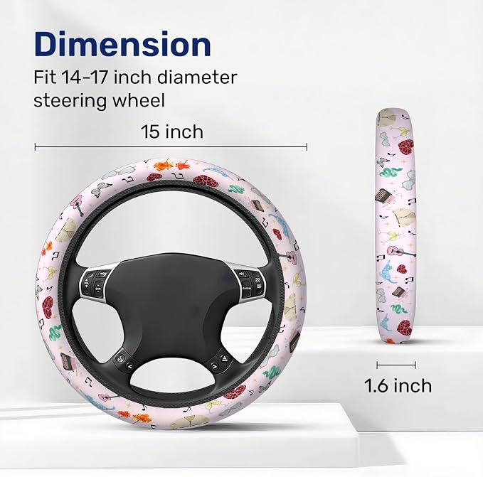 Pastel Music Icon Steering Wheel Cover, Polyester Non-Slip Car Wheel Grip, Universal 15 Inch Auto Accessory