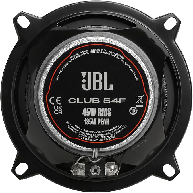 Club 54F - 5-1/4" (130mm) Two-Way Car Speaker, 45W RMS, 135W Peak, Sensitivity (@ 2.83V): 91dB, Frequency Response: 75Hz – 20kHz, Nominal Impedance: 3.0 ohms