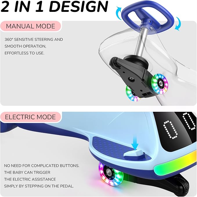 12V Electric Wiggle Car for Kids with Pedal, Display, Rechargeable Battery, LED Light, Bluetooth, Light-Up Wheels, Anti-Rollover, 2 Speeds, Ride on Toys, Birthday Gifts for Age 3+, 150Lbs