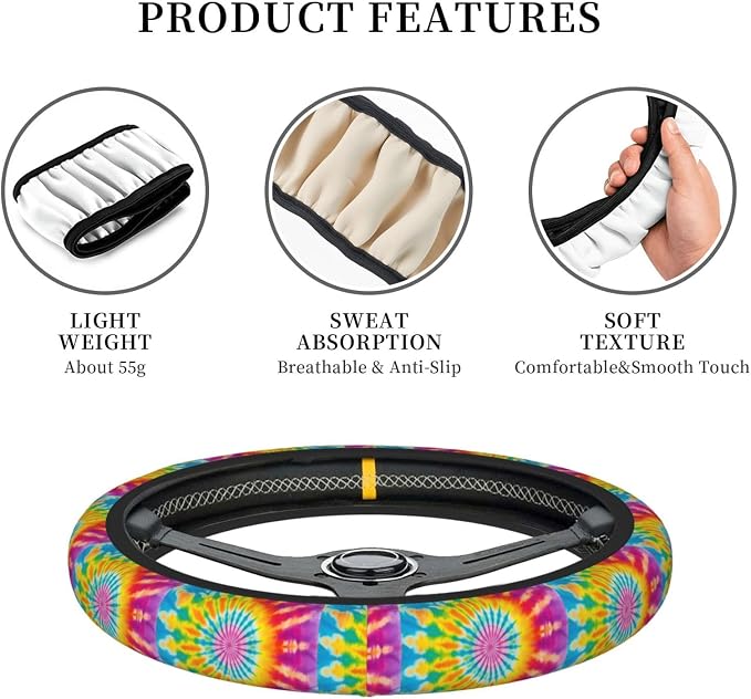 Rainbow Steering Wheel Covers Anti-Slip and Practical 14.5-15 Inch Universal Car Steering Wheel Cover with 2 Pieces Car Coasters Suitable for Men Women
