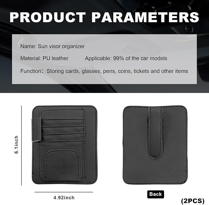 2PCS Small Leather Car Sun Visor Organizer, Multifunctional Auto Visor Document Holder with Sunglasses Clip, Universal Car Interior Organizer for Drving License, Card, Pen (Black)