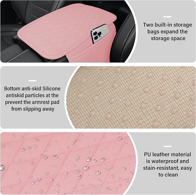 Car Center Console Cover, Upgraded Leather Car Armrest Cushion with 2 Storage Pockets, Universal Waterproof Cushion Pad, Non-Slip Car Interior Accessories, Fits Most Sedans SUVs Trucks (Pink)