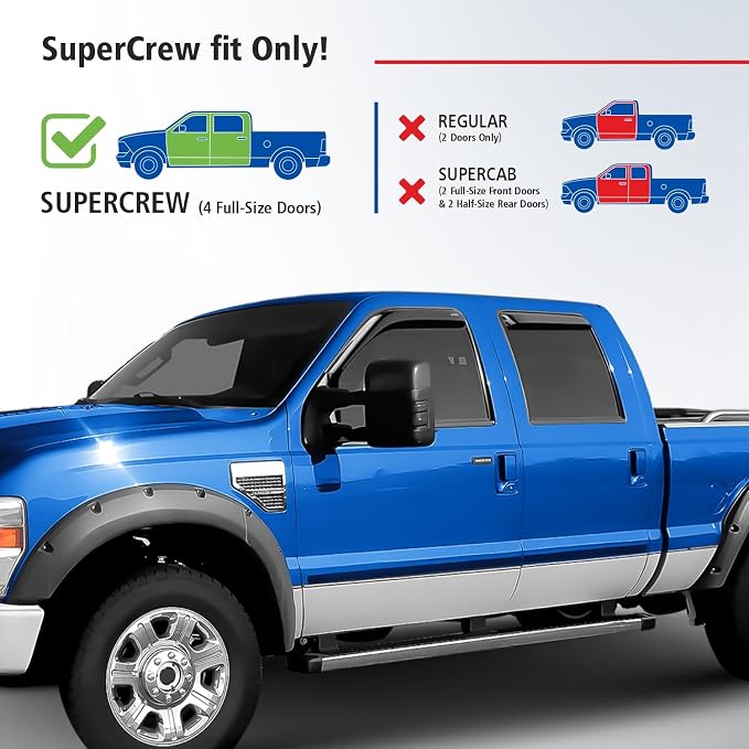 Goodyear Shatterproof in-Channel Window Deflectors for Ford F250 to F550 Super Duty 1999-2016 SuperCrew, Rain Guards, Window Visors for Cars, Vent Deflector, Car Accessories, 4 pcs - GY008129