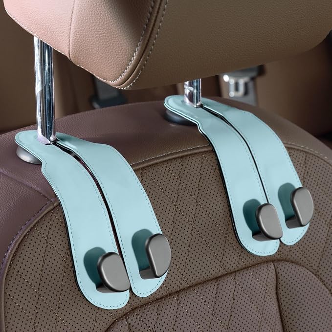 CoBak Purse Hook for Car - Universal Premium Stitched Leather and Aluminum-Magnesium Alloy Double Car Seat Back Storage Hook for Purses, Handbags, Bags (2 Pack),Baby Blue
