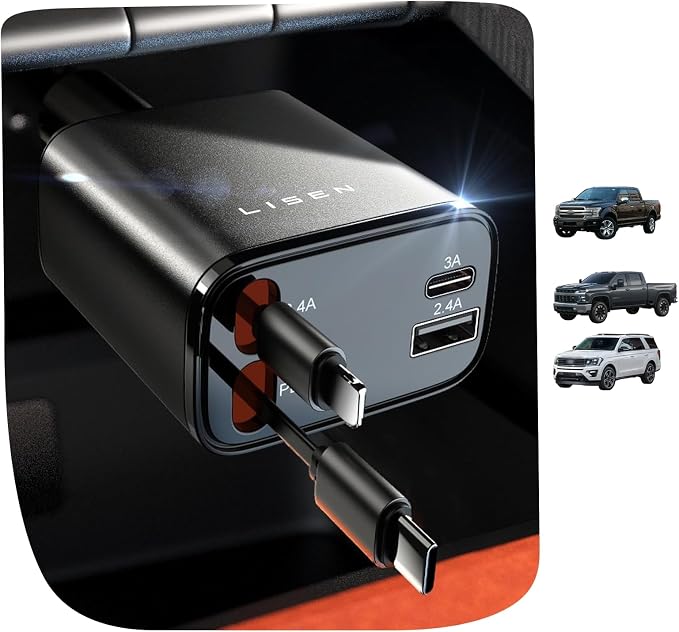 Retractable Car Charger, [2026 Upgrade 50 inch ] Long 4 in 1 Retractable Cable Car Charger, USB C Car Charger Fast Charging for iPhone 17 16 15 14 13 12 11 X Pro Max Plus Mini, Samsung S26 | Multiple Ports Car Charger, Retractable Car Charger Fas...