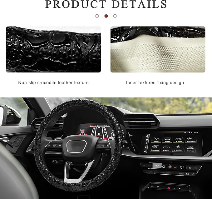 Sun Walker Leather Car Steering Wheel Cover, 15" Anti-Slip Crocodile Pattern Wheel Protector with Rose Grain, Comfortable Grip Steering Wheel Protector Universal for Cars SUVs Trucks (Black)